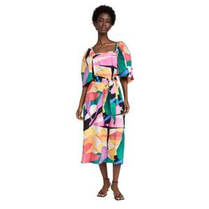 Mara Hoffman Sara Midi Dress Womens Small Pink Green Belted Puff Sleeve Abstract